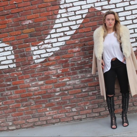 Vintage S/M full length fur coat wool fox collar camel blonde jacket winter real - Picture 9 of 13